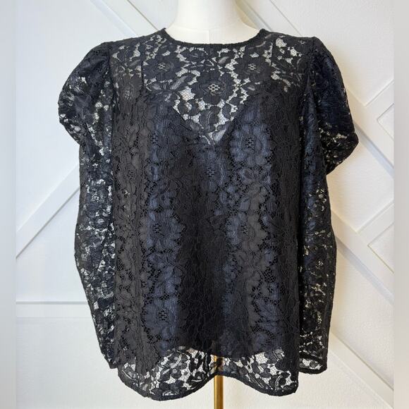 Express Black Puff Sleeve Lace Whimsigoth Blouse With Camisole Size Medium - Picture 2 of 10